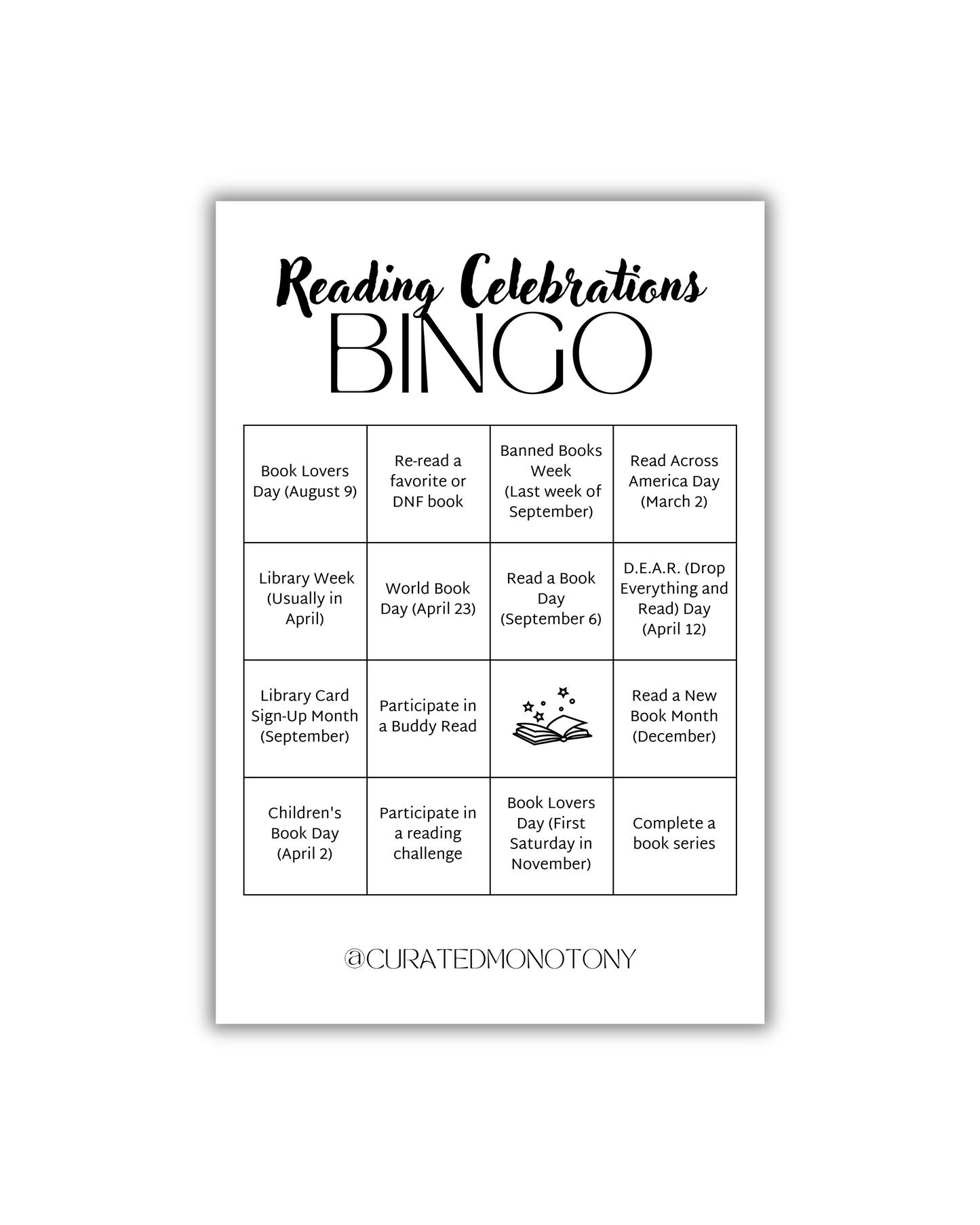 Printable Book Lovers Day BINGO Deco Card