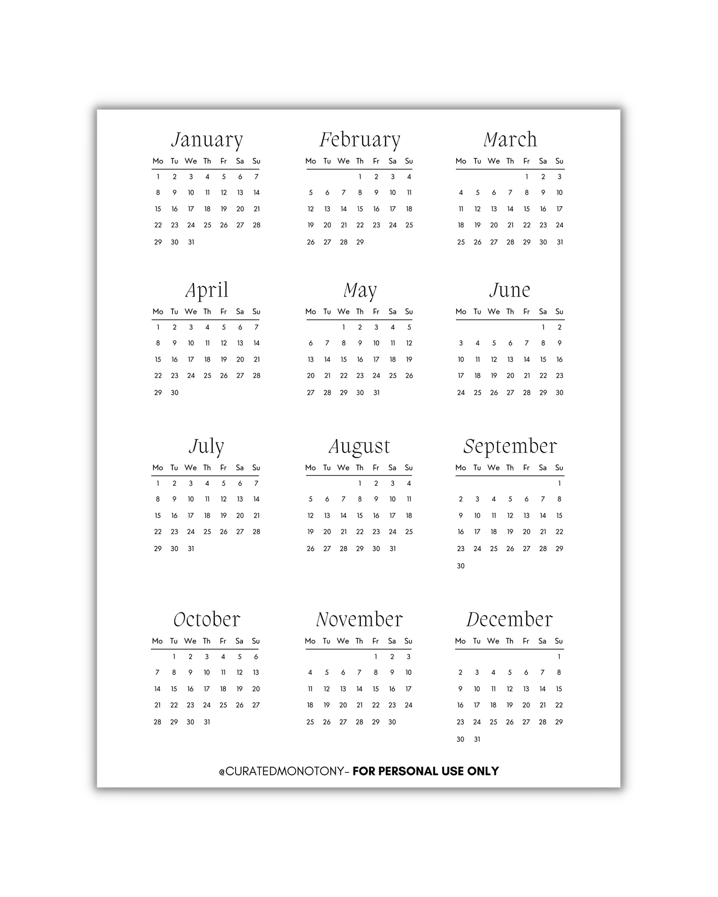 Printable Calendar Card Stickers