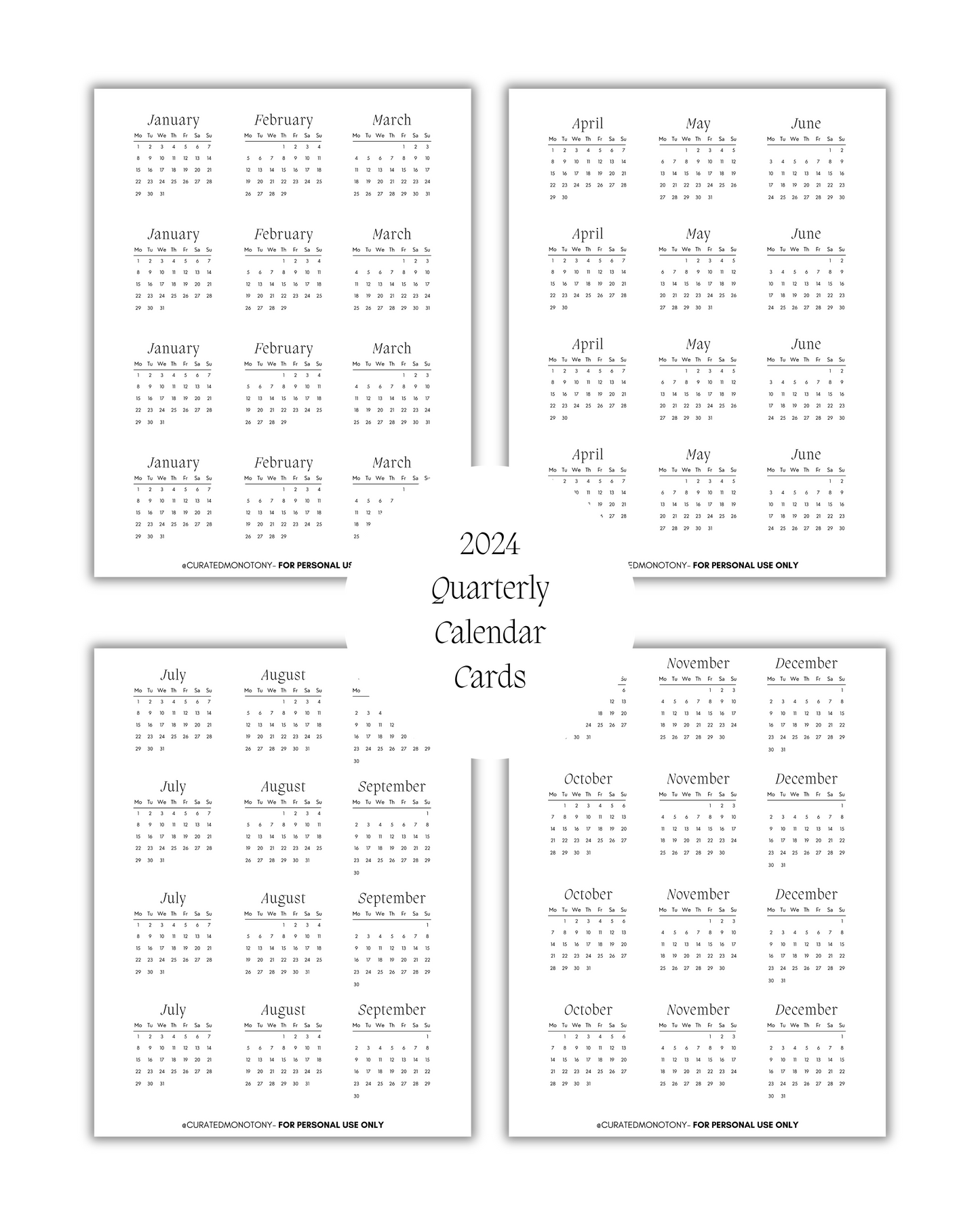 Printable 2024 Quarterly Calendar Cards